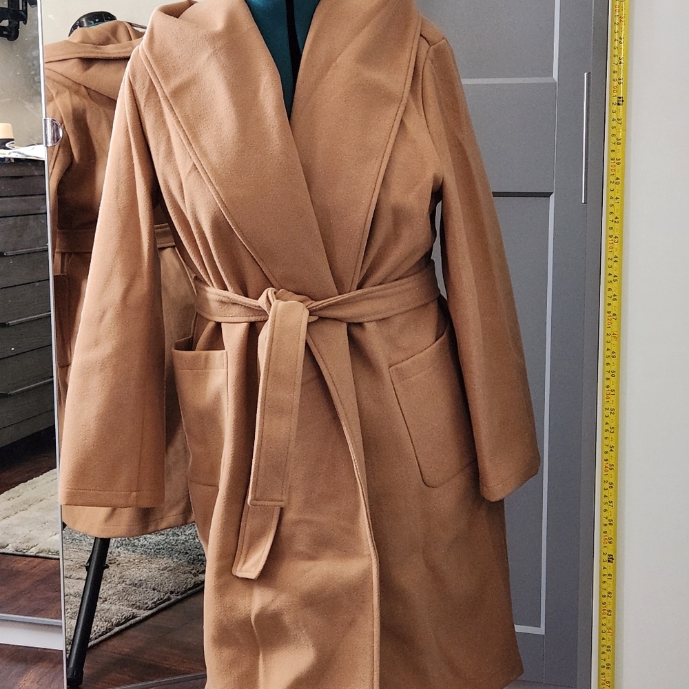 NWT Wrap Camel Coat with hood and belt.